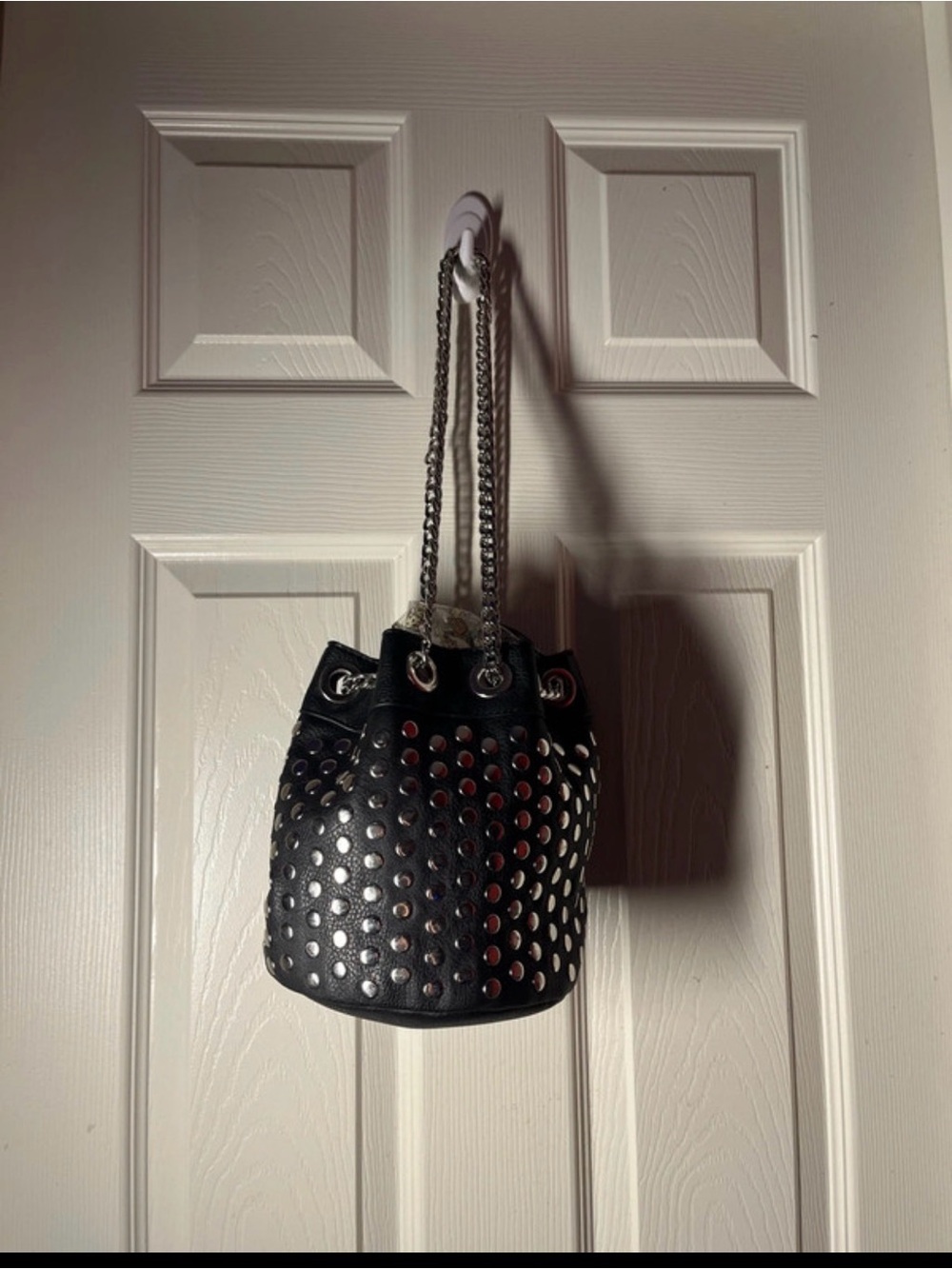 JustFab Black Pebbled Leather Shoulder Bag with Silver Chain Straps